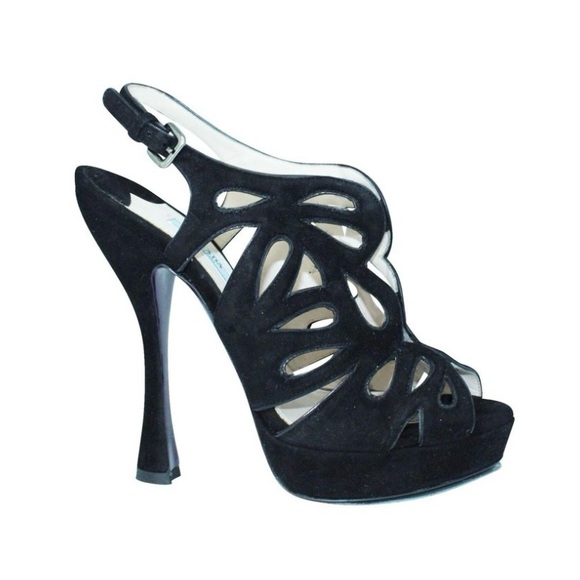 Prada Black Laser Cut Suede Heels